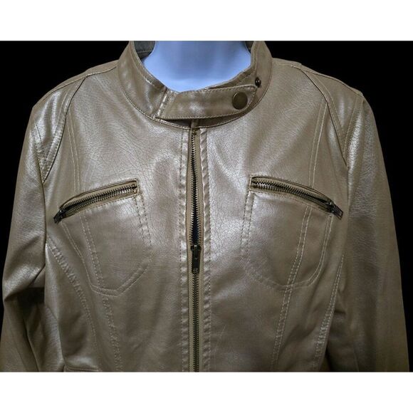 Gold Faux Leather Moto Jacket  Zipper Pockets Snap Collar mob wife 80's retro - Picture 3 of 10